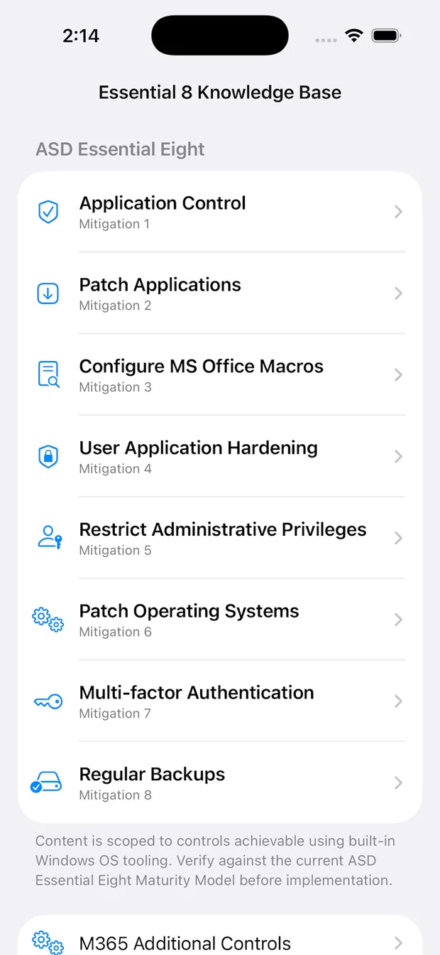 Essential 8 Knowledge Base home screen showing the eight mitigations
