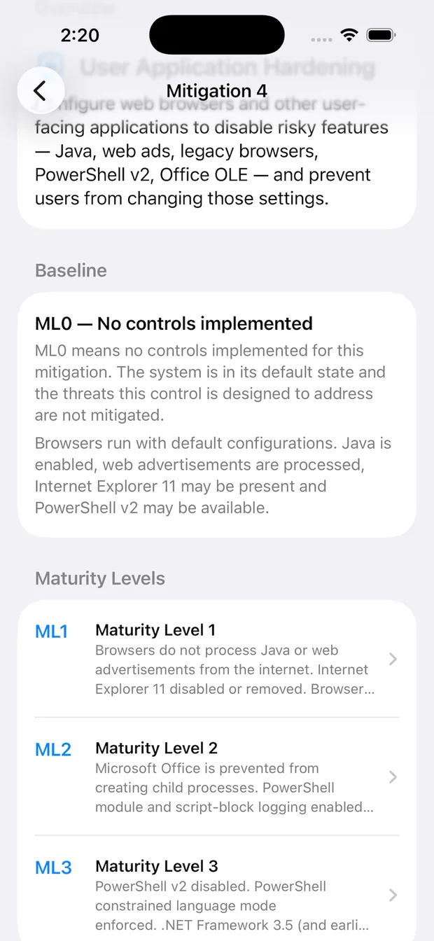 User Application Hardening maturity levels in the app