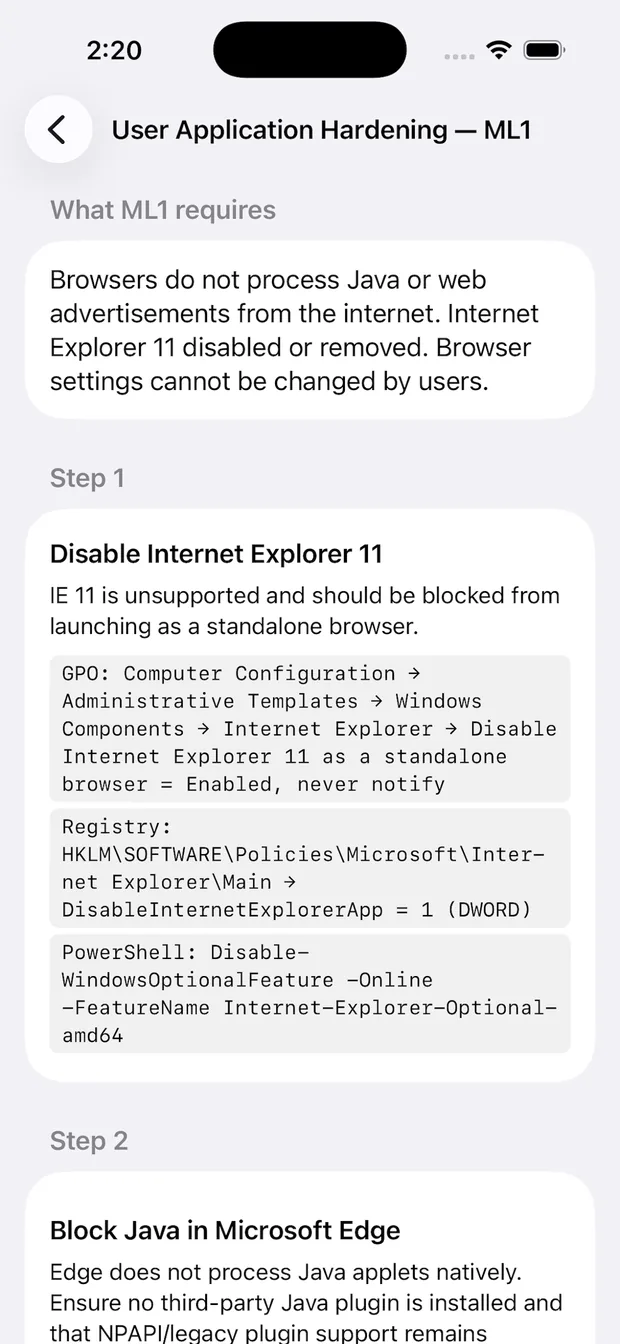 User Application Hardening ML1 implementation steps