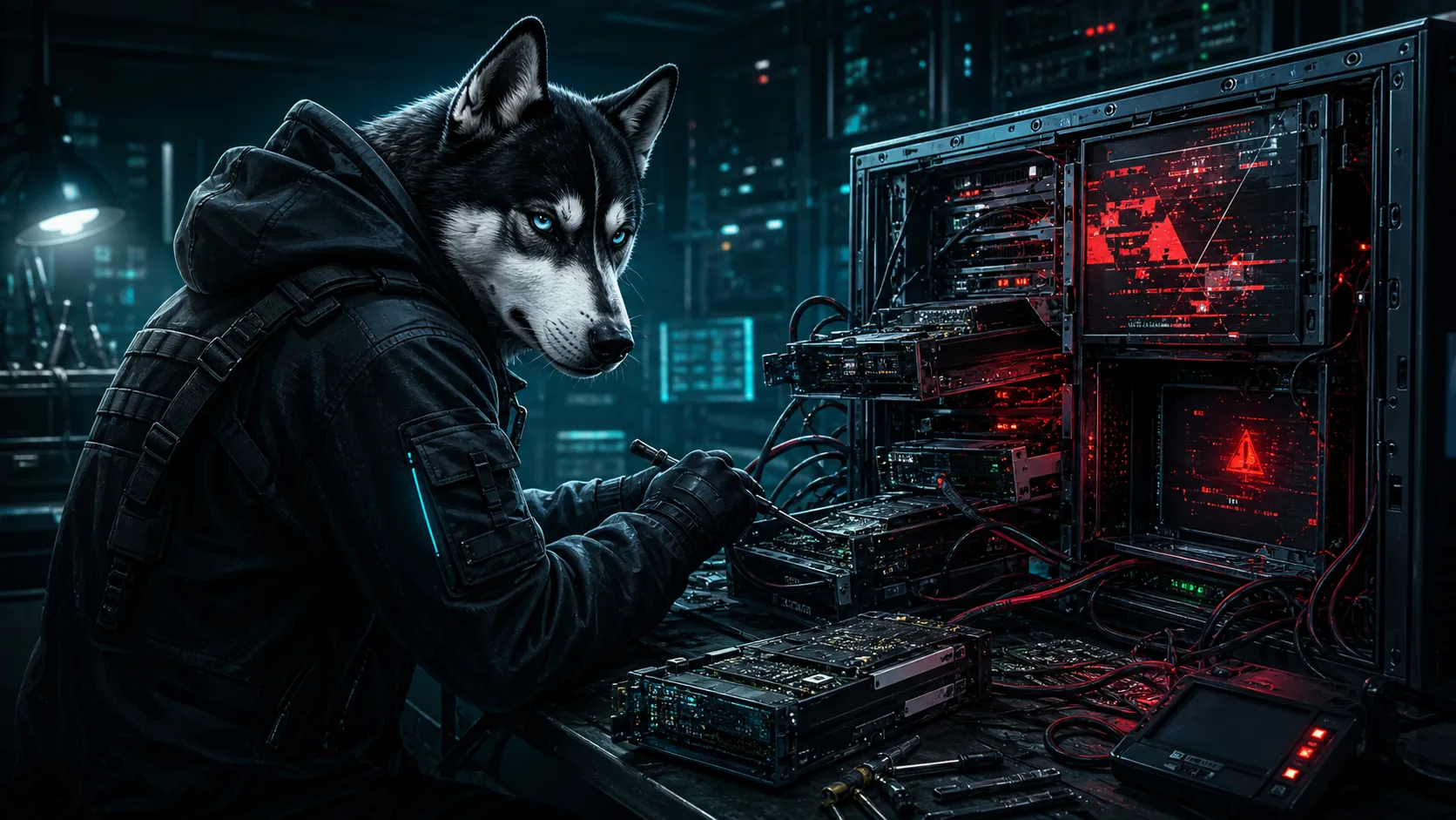 MadDogWarner cyber dog repairing a dismantled malware-infected server